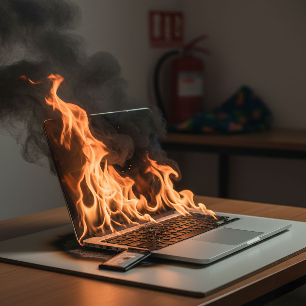 Laptop on fire from a battery overheating.